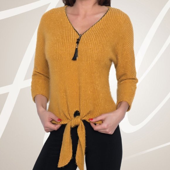 Frank Lyman Design Sweaters - Frank Lyman V neck Mustard Waist Tie Sweater Sz S/M​